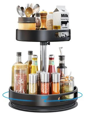Produktbild von Drehbarer Edelstahl-Organizer, multifunktionale drehbare Schublade und drehbares Gewürzregal, drehbarer Gewürzhalter, Küchenaufbewahrung, schwarz, 30 cm + 25 cm
