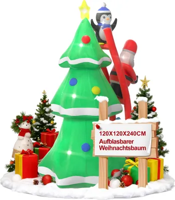 Image de XMTECH Arbre de Noël gonflable 2,4 m avec bonhomme de neige, père Noël et pingouin, lumières LED blanches, décoration de Noël pour l'extérieur, la cour et le jardin, Inflatable Christmas Decoration