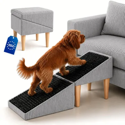 Produktbild von Outentin Klappbare Hundetreppe & Hunderampe für Sofa und Bett, rutschfest, stabil, 36 cm, Cord Grau