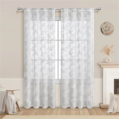 Produktbild von 2er Set Weiß Halbtransparente Vorhänge mit Blumen Stickerei, Voile Fensterschal, 100x250cm