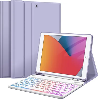 Produktbild von Fintie Tastatur Hülle für iPad 9 8 7 Generation (2021/2020/2019) 10.2 Zoll, 7-farbig beleuchtete abnehmbare Tastatur mit Schutzhülle, QWERTZ Layout, Violett
