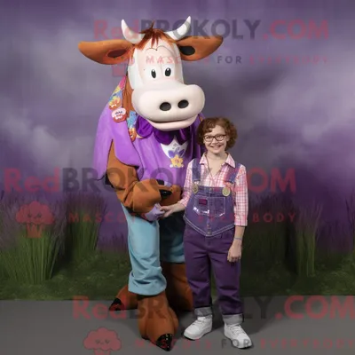 Productafbeelding van Mascottefiguur REDBROKOLY van een paarse Guernsey-koe gekleed met een moederjeans en stropdassen