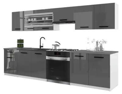 Immagine prodotto di Belini - Angolo cottura moderno ITALIA 4 - Mobili da cucina 260 cm grigio lucido - Cucina componibile con pensili, mobili base e piani di lavoro