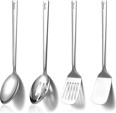 Imagen del producto de Juego de utensilios de cocina de acero inoxidable, de 4 piezas, que incluye una cuchara para cocinar y una espátula, ideal para la cocina