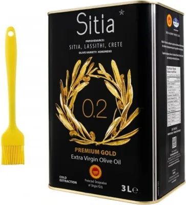 Produktbild von Griechisches Olivenöl Sitia Premium 3 L mit Silikonpinsel – Natives Olivenöl Extra aus Kreta, Kaltgepresst, 0,2 % Säure, Geschenkset