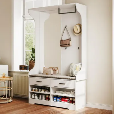 Produktbild von Fortuna Lai Garderobenständer mit Schuhbank, Spiegel, Garderobe, Schuhaufbewahrung, 4 Haken, freistehend, platzsparend, für Eingangsbereich, Flur, Weiß