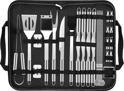 Immagine prodotto di Accessori per barbecue, acciaio inossidabile, posate da barbecue di alta qualità, con valigetta da trasporto, set di utensili da barbecue perfetto per gli uomini, con termometro per carne, regalo,