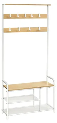 Obrázek produktu pro Věšák na oblečení s lavičkou, buk, bílá barva, dřevotříska a ocel, rozměry 30 x 85 x 180,5 cm