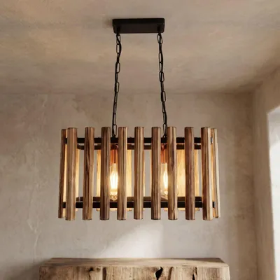 Produktbild von Hängelampe Metall Holz H: max. 80 cm in Schwarz geflammtes Kupfer E27 2-flammig länglich Retro Hängeleuchte