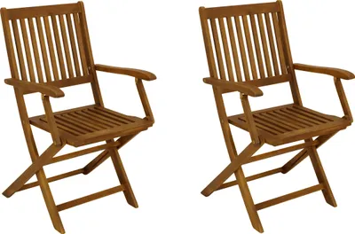 Two wooden garden chairs are shown against a white background.
