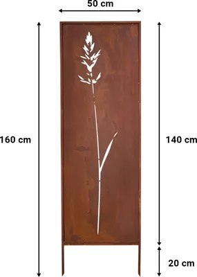 A metal garden screen with a cut-out design of a plant, with dimensions indicated by measurement lines and text.