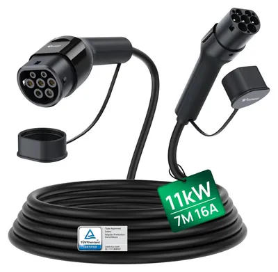 Imagen del producto de Cable de carga para coche eléctrico, tipo 2, 11 kW de potencia, 7 metros de longitud, color , resistente al desgaste e impermeable