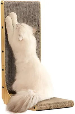 Produktbild von PolkaHome® Kratzbrett für Katzen, 68 cm hoch, L-förmiger Kratzkarton, haltbares Katzenkratzbrett mit Ballspielzeug