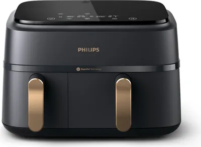 Produktbild von Philips Airfryer Dual Basket 3000 Series, 9L, 2 Körbe, 2 Gerichte gleichzeitig fertig, RapidAir Plus Heißlufttechnologie, 90% weniger Fett, Energieeffizient, HomeID Rezepte-App (NA352/00)