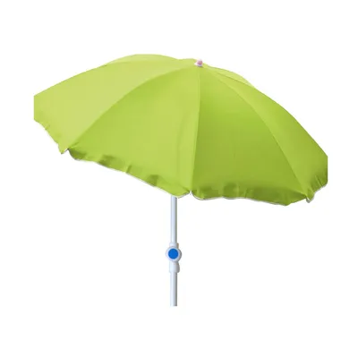 A lime green umbrella with a white pole and a blue adjustment knob is shown against a white background.
