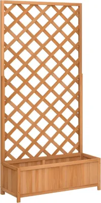 A wooden planter box with a trellis attached.