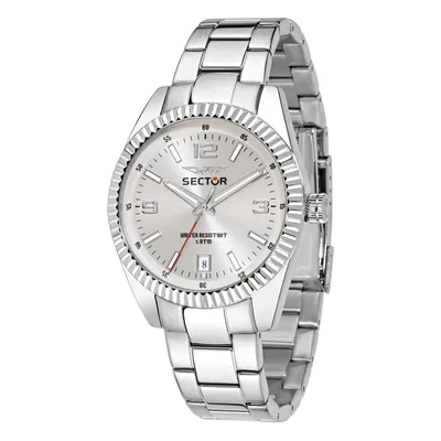 A silver wristwatch with a white face is shown against a white background.
