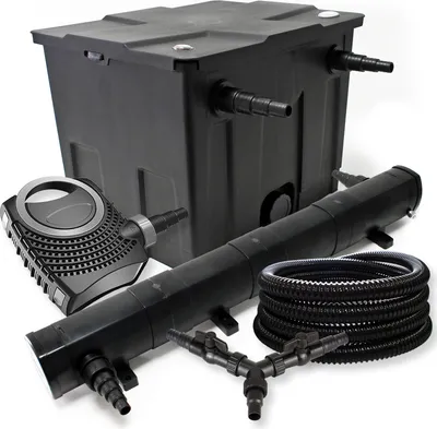 Immagine prodotto di Set completo SunSun: filtro per laghetti CBF-350 fino a 12000 L come filtro a flusso continuo, pompa per laghetti CTF-8000 8000l/h 70W, chiarificatore per laghetti CUV-272 con chiarificatore UVC 72W, tubo per laghetti 25m 25 mm, distributore a Y