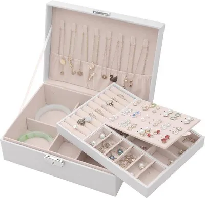 Imagen del producto de Caja de joyería Unyqoos® de 2 niveles, de cuero sintético (PU) con forro de terciopelo: joyero de viaje con cerradura y llave, ideal para collares, pulseras y anillos
