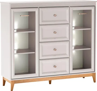 Produktbild von MIRJAN24 Vitrine Windsor W-7, Stilvoll Wohnzimmer, Vitrine mit zwei Drehtüren und vier Schubladen (Farbe: Cashmere, Mit Belechtung)