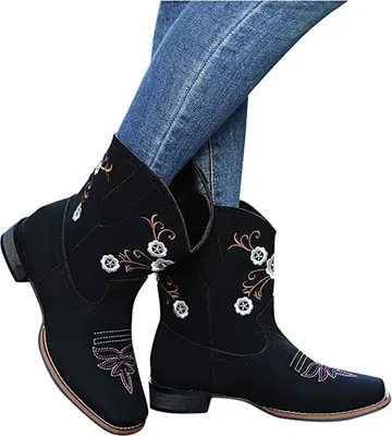 Produktbild von ASKSA Damen Kurze Stiefel Bestickte Ankle Boots Bunte Patchwork Stiefeletten, Schwarz, Größe: 38