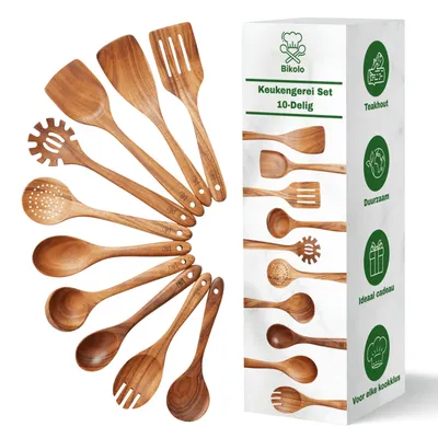 Image de Ensemble de 10 ustensiles de cuisine en bois Bikolo® : spatule en bois, cuillère en bois, louche, ensemble d'accessoires de cuisine, ustensiles de cuisine en bois