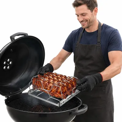 Produktbild von Rippchenhalter Grill Edelstahl 430, klappbarer Spareribs Halter für 4 Rippen, spülmaschinengeeignet, BBQ Grillzubehör