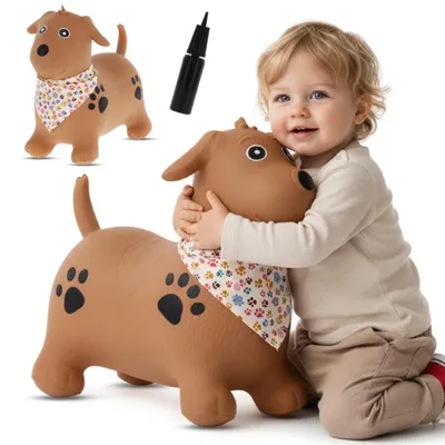 Produktbild von SUN BABY hüpftiere ab 1 Jahr mit Pumpe aufblasbares Hüpfspielzeug aus hochwertigem und strapazierfäh Brauner HUND mit Bandana