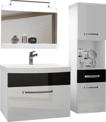 Produktbild von BELINI Badmöbel Vollausstattung Set Waschbeckenschrank, Hochschrank, Waschbecken, Spiegel, Lampe (Weiß/ Schwarz, Glänzend)
