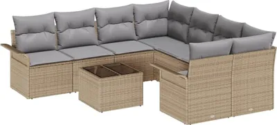 Immagine prodotto di Set divano da giardino vidaXL con cuscini, 9 pezzi, beige e grigio, in polyrattan