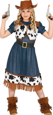 Produktbild von Cowgirl Abenteuer Westernoutfit Kostüm Karneval Kinder Hut Weste Kleid Stiefel Cowboy Party Fasching Stylisch Zeitlos Modisch, Größe: 128/134 Farbe: Blau