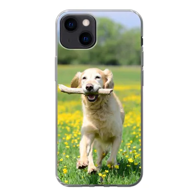 Produktbild von MuchoWow® Handyhülle Schutzhülle Hülle für iPhone 13 Golden Retriever mit einem Zweig im Maul zwischen gelben Blumen Silikon Softcase Handy Hülle - Karteninhaber
