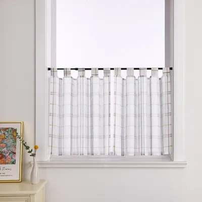 Produktbild von Joyswahl 2er Scheibengardinen mit Schlaufen Leinen Küche Gardinen Gitter-Kurzstores Bistrogardine landhausstil Transparent BxH 90x90 cm Blau 2 Stück