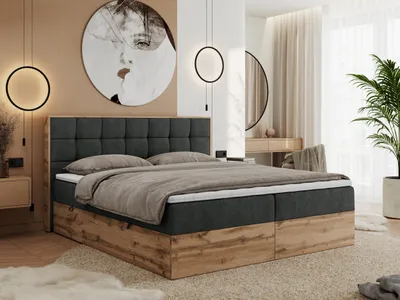 Produktbild von MKS MEBLE Boxspringbett 140x200 mit Bettkasten Eiche, Polsterbett 140x200 mit Matratze H3, Bett 140x200 mit Kopfteil, Eiche Wotan - 140x200 - Dunkelgrau Struktur - Albero-1