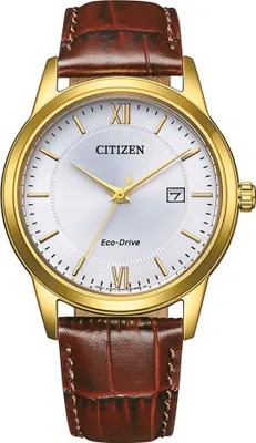 A close-up studio shot of a Citizen Eco-Drive watch with a gold-tone case and a brown leather strap.
