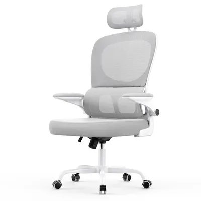 Produktbild von Ergonomischer Bürostuhl mit Verstellbarer Kopfstütze und Armlehnen, Rückenlehne verstellbar 120°, selbstanpassender Lordosenstütze, Grau