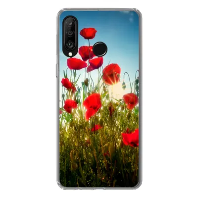 Produktbild von MuchoWow® Handyhülle Schutzhülle Hülle für Huawei P30 Lite Mohnblumen - Toskana - Sonne - Rot - Blau Silikon Softcase Handy Hülle - Handyhülle