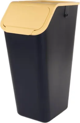 A black trash can with a yellow lid, shown against a white background.