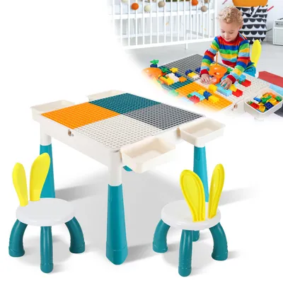 Image de Ensemble de mobilier pour enfants Vigevee : table pour enfants avec 2 chaises, espace de rangement, table pour tout-petits, bureau pour enfants, table modulable