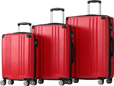 Produktbild von Flieks Kofferset 3 Stück, Trolley Hartschale Reisekoffer Set 3 teilig, Handgepäck Koffer Hartschalenkoffer mit Schwenkrollen, Rot