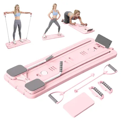 Productafbeelding van Relaxdays Pilates board, met 2 weerstandsbanden, 4 handgrepen, kniematje, Pilatesapparaat voor thuisgebruik, Reformer-apparaat, roze