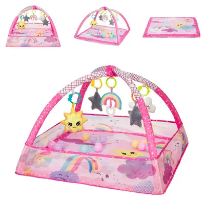 Immagine prodotto di Arco di gioco Kikkaboo, coperta per gattonare 2 in 1, giocattoli da afferrare, 18 palline, piscina di palline rosa