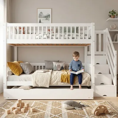 Produktbild von Etagenbett 90 x 200 cm mit Ausziehbett 90 x 190 cm, 3 Schlafplätze, Stauraumtreppe und Schutzgeländer, Bettgestell aus Kiefernholz und MDF, Weiß
