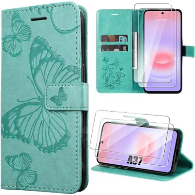 Image de Coque + 2 Verres Trempés pour Samsung Galaxy A37 5G, Protection Cuir Synthétique Motif Papillon Vert