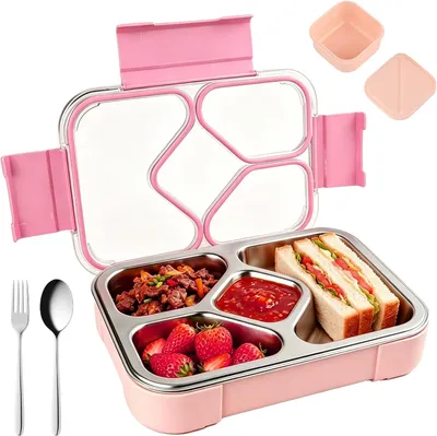 Image de Boîte à repas en acier inoxydable, 1020 ml, avec 4 compartiments, étanche, idéale pour l'école