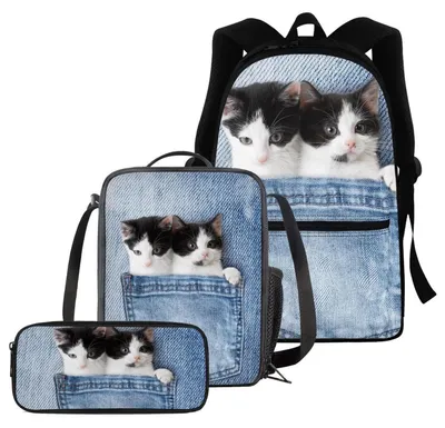 Produktbild von 3-teiliges Schultaschen-Set für Kinder: Rucksack, Lunchbox, Federmäppchen mit Katzenmotiv