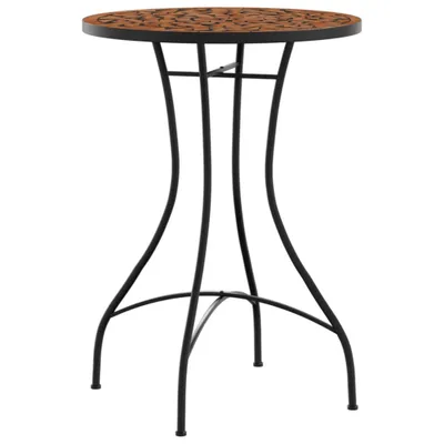 A round mosaic bistro table with a black metal base.