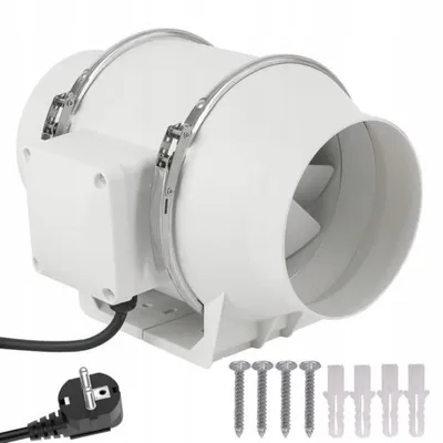A white inline duct fan with a power cord and mounting hardware.