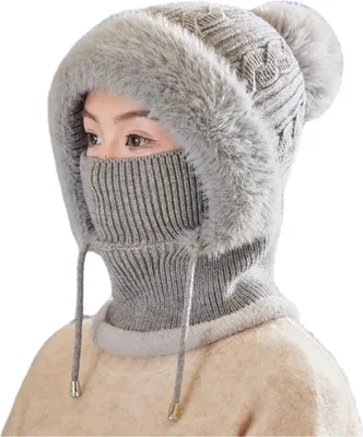 Produktbild von Strickmütze für Damen, winddicht, isoliert, Wintermütze mit Plüschbommel, 3-in-1-Mütze, Gesichtsschutz und Schal