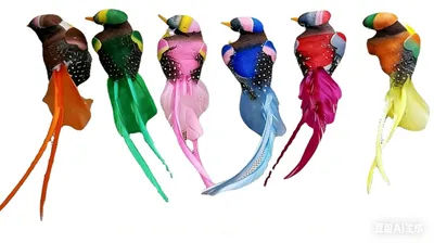 6 Kunstvögel aus bunten Federn, Vogeldekoration, 14x3x3 cm